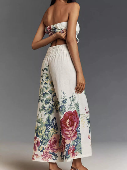 Hazel Blues® |  Floral Print Strapless Top and Wide-Leg Pants Set
