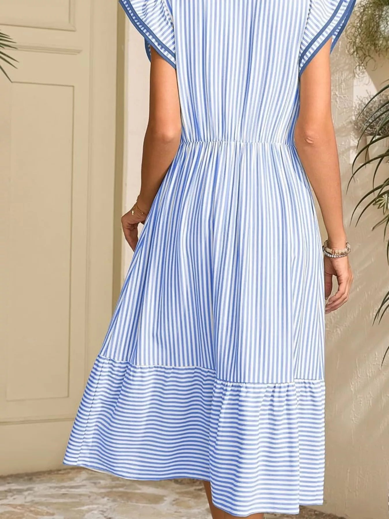Hazel Blues® |  Striped Notched Ruffle Sleeve Dress