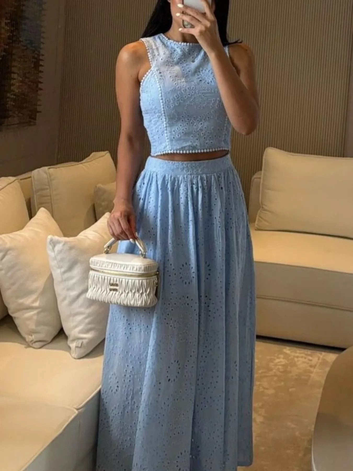 Hazel Blues® |  Eyelet Crop Top and Maxi Skirt Set