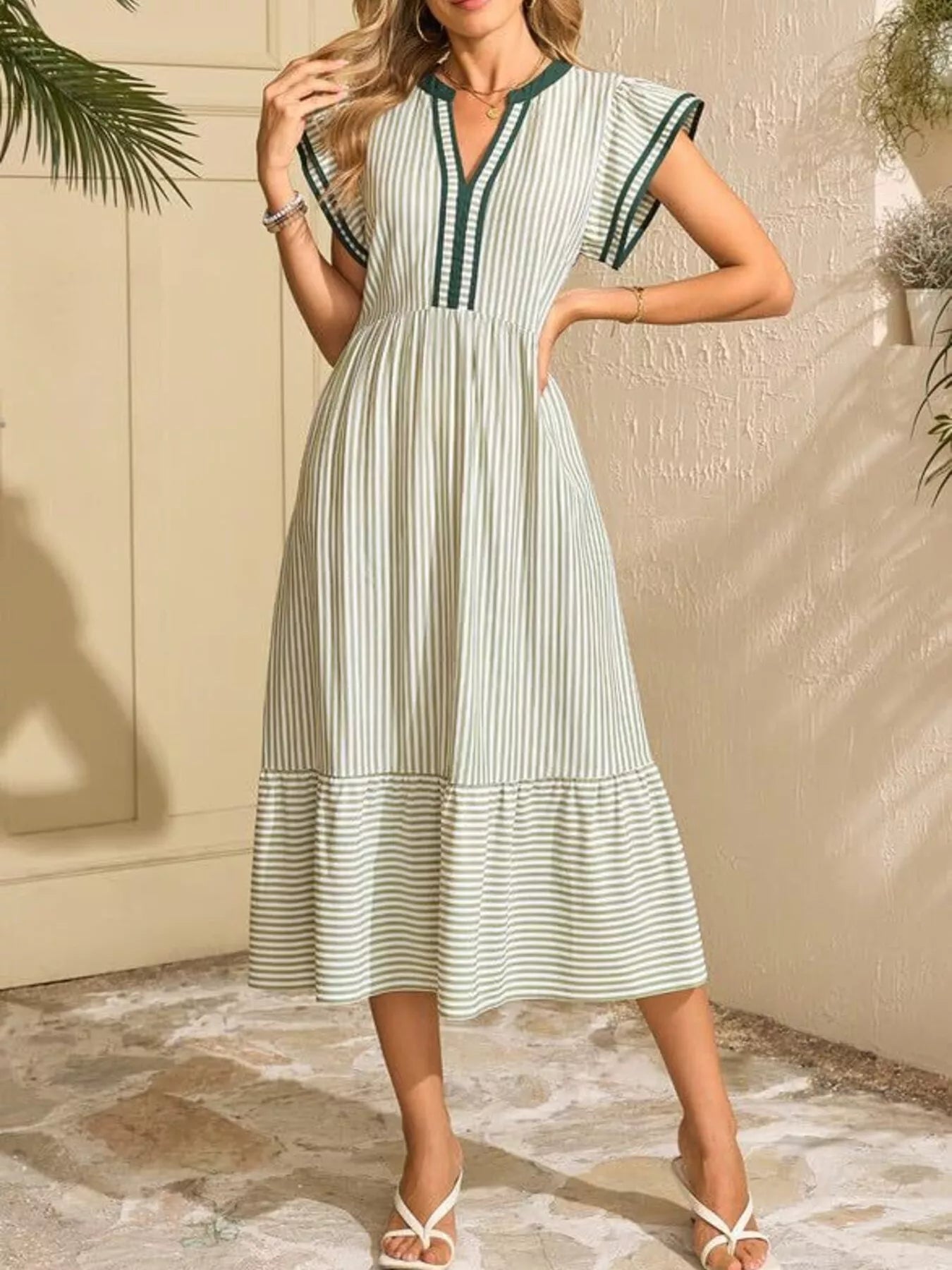 Hazel Blues® |  Striped Notched Ruffle Sleeve Dress