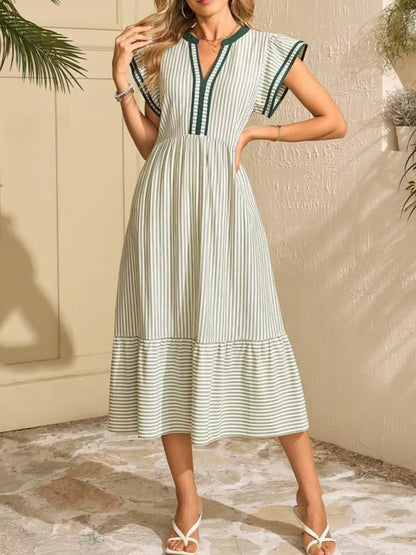 Hazel Blues® |  Striped Notched Ruffle Sleeve Dress