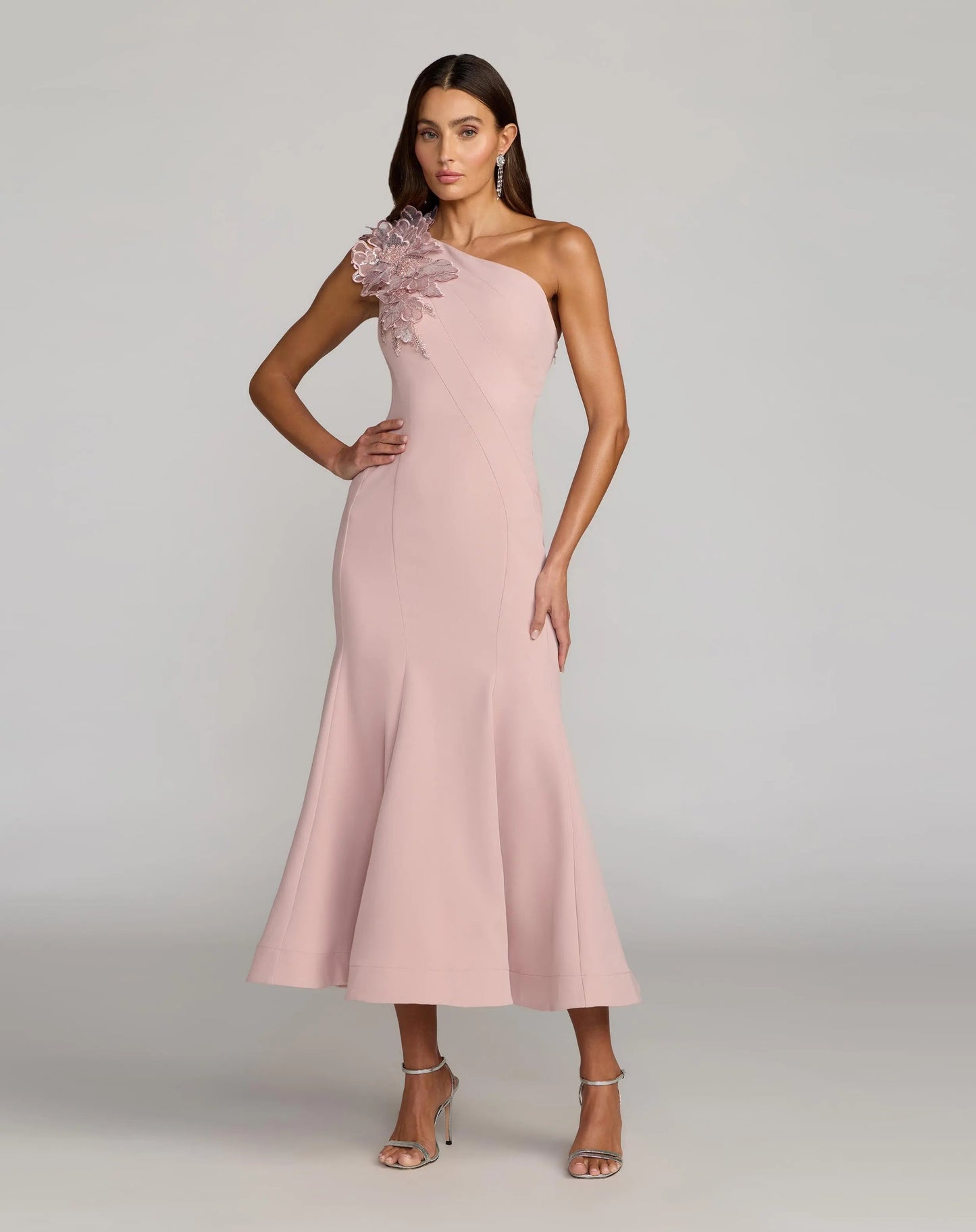 Pink One Shoulder Trumpet Midi Dress with 3D Flower