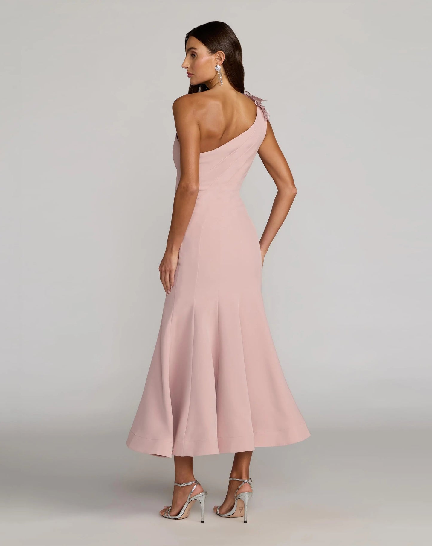 Pink One Shoulder Trumpet Midi Dress with 3D Flower