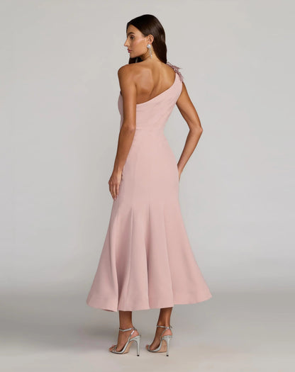 Pink One Shoulder Trumpet Midi Dress with 3D Flower