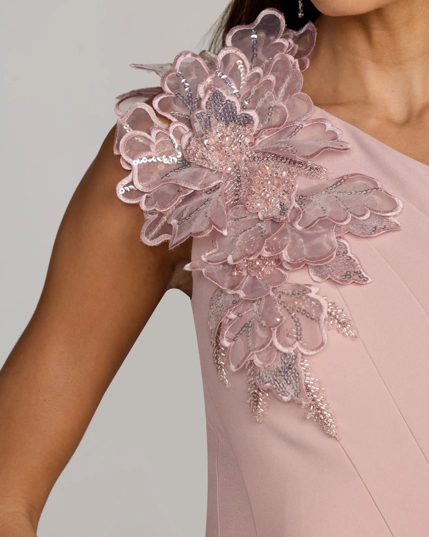 Pink One Shoulder Trumpet Midi Dress with 3D Flower