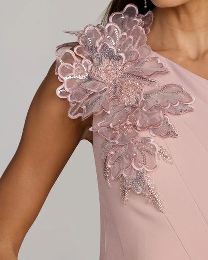 Pink One Shoulder Trumpet Midi Dress with 3D Flower