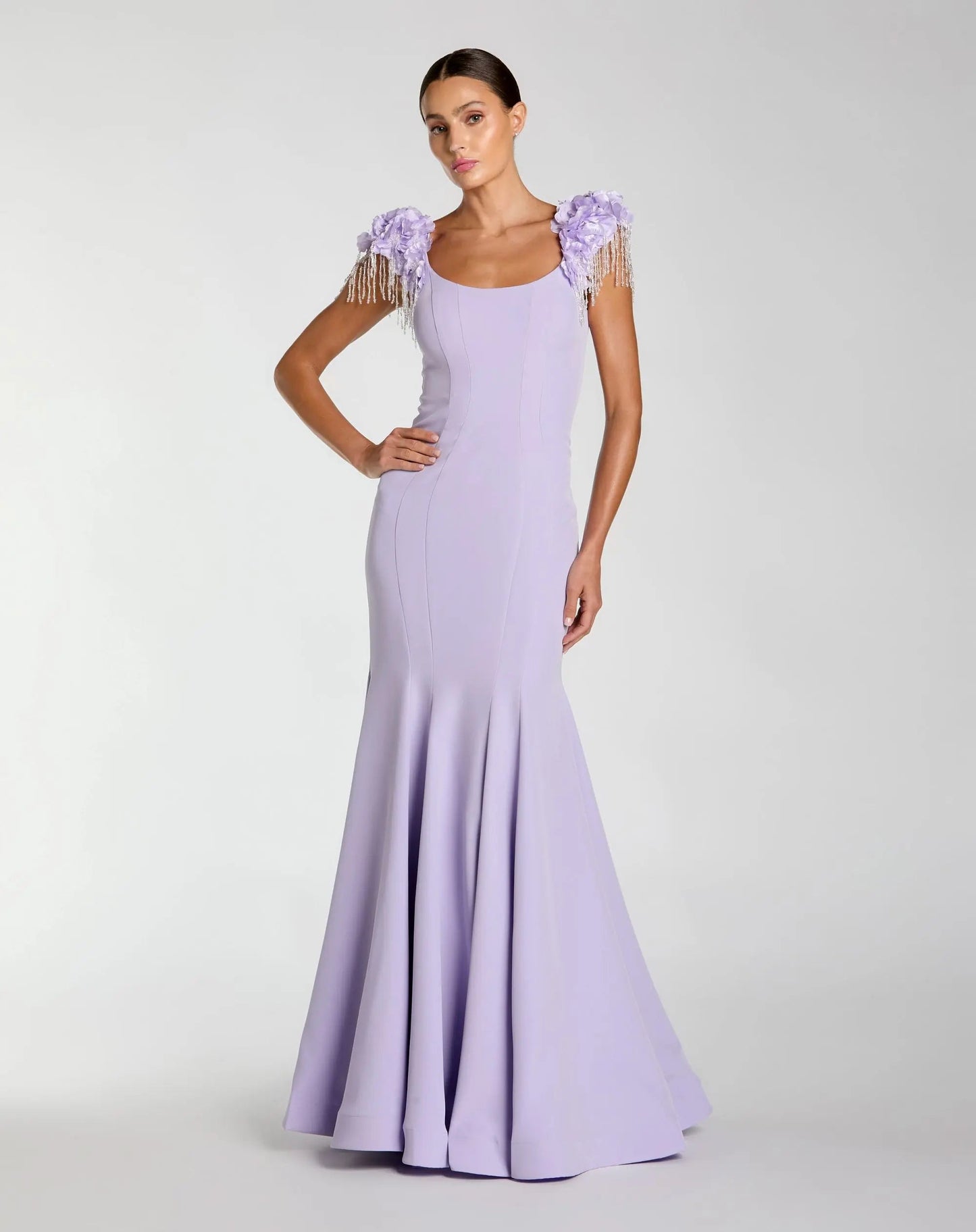 Purple 3D Floral Crystal Fringe Mermaid Gown