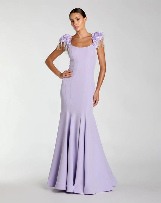 Purple 3D Floral Crystal Fringe Mermaid Gown