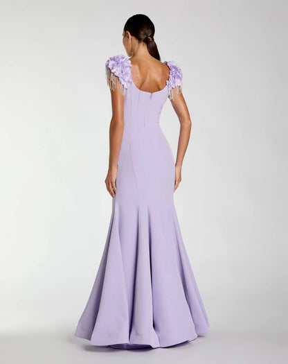 Purple 3D Floral Crystal Fringe Mermaid Gown