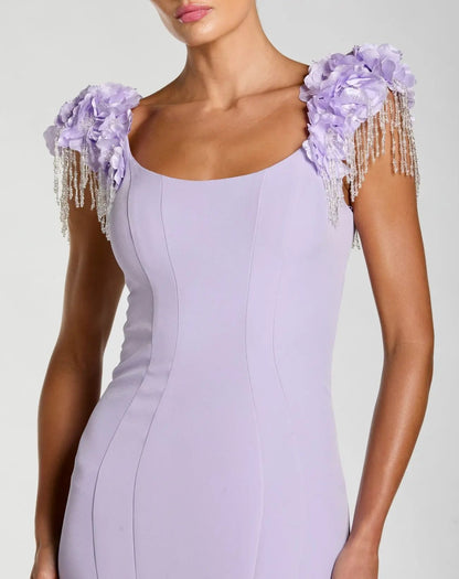 Purple 3D Floral Crystal Fringe Mermaid Gown