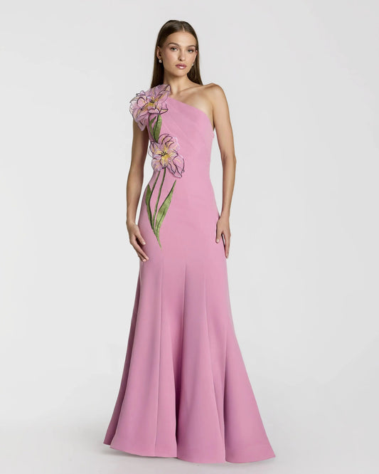 Pink One Shoulder Mermaid Gown With 3D Flower