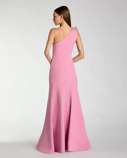 Pink One Shoulder Mermaid Gown With 3D Flower
