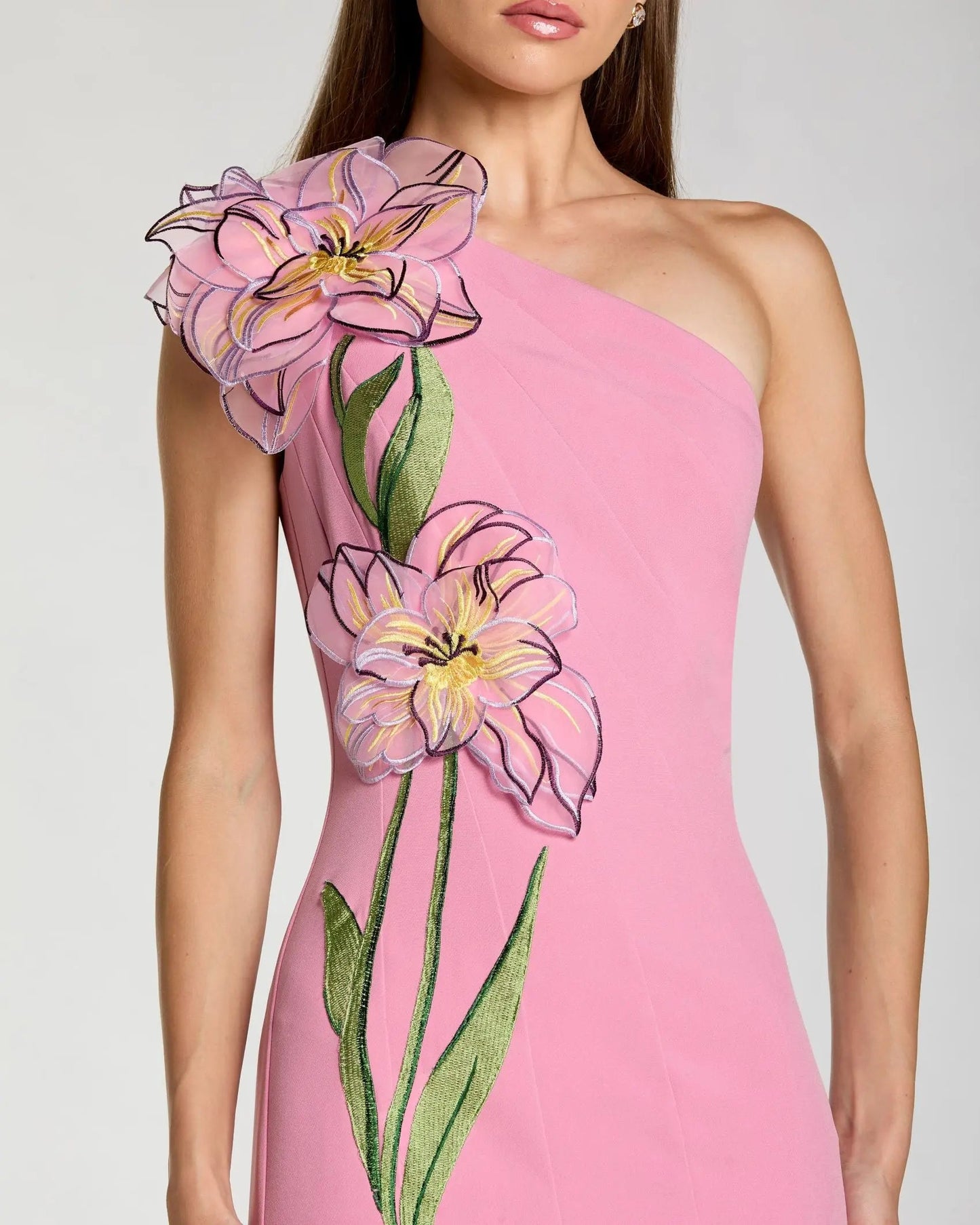 Pink One Shoulder Mermaid Gown With 3D Flower