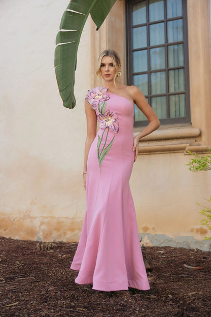 Pink One Shoulder Mermaid Gown With 3D Flower