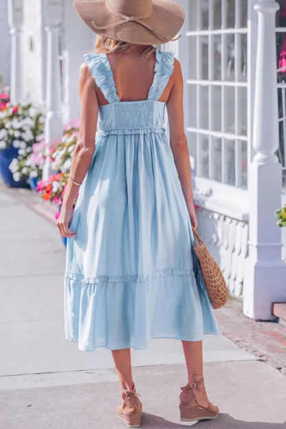 Hazel Blues® |  Solid Color Ruffle Trim High Waist Sleeveless Dress