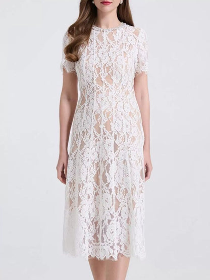 Hazel Blues® |  Lace Pearl Neckline Midi Dress