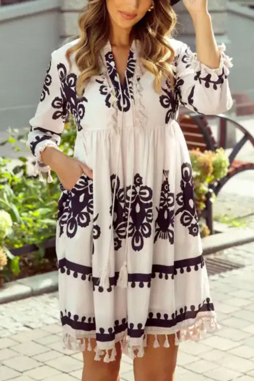 Hazel Blues® |  Tassel Hem 3/4 Sleeve Mini Dress