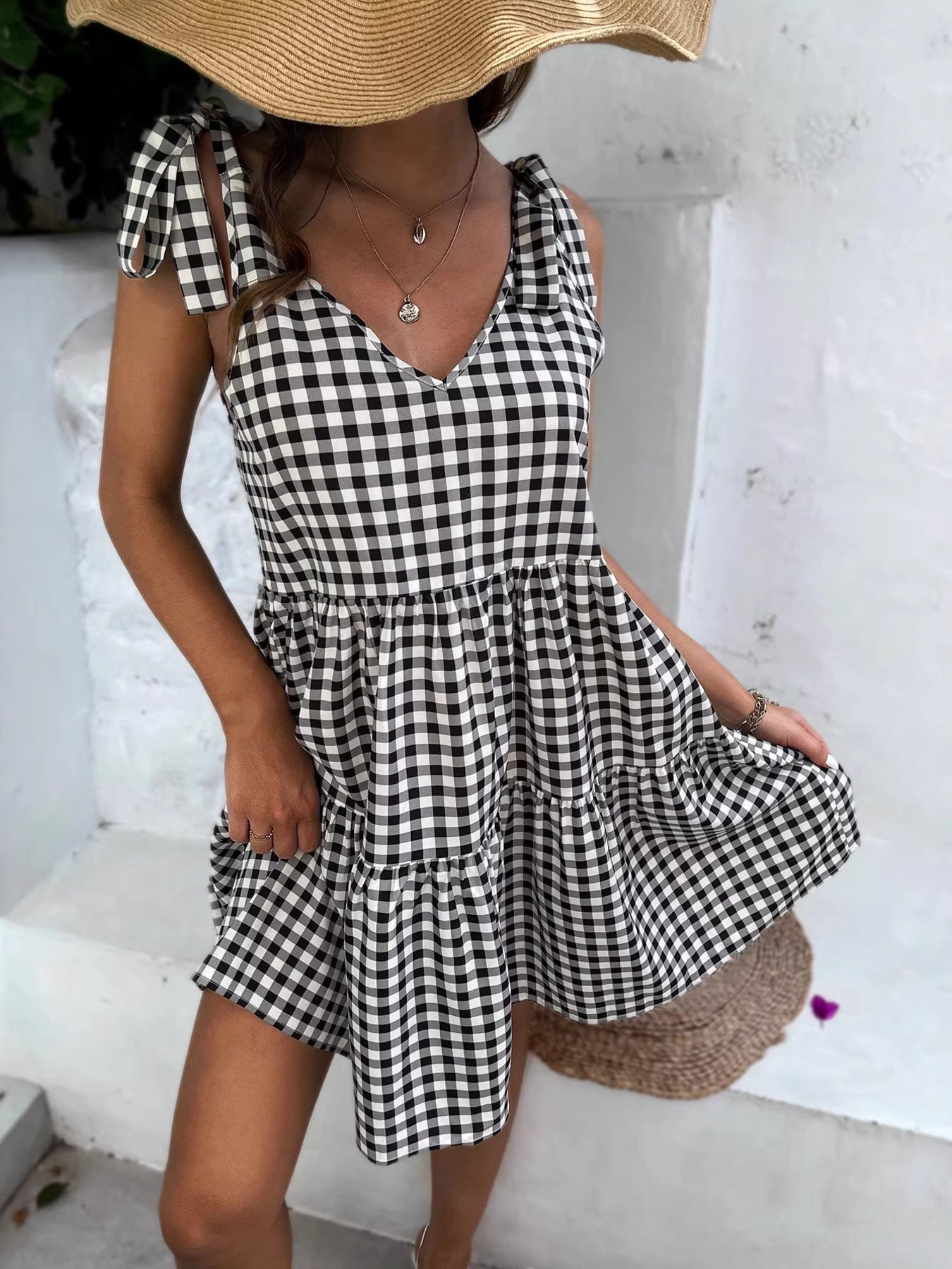 Hazel Blues® |  Gingham Tie-Shoulder Tiered Mini Dress
