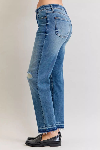 Hazel Blues® | Judy Blue Mid Rise Bf Patch & Repair Destroy Release Hem Jeans