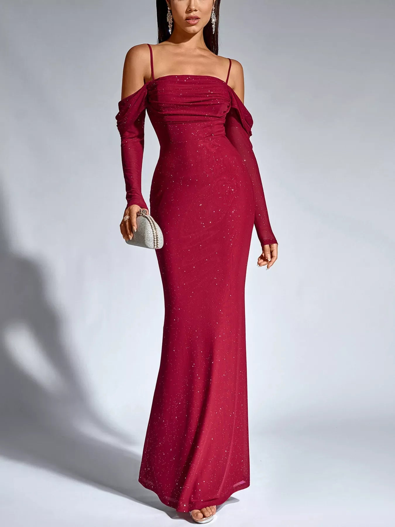 Hazel Blues® |  Glitter Ruched Long Sleeve Mermaid Maxi Dress