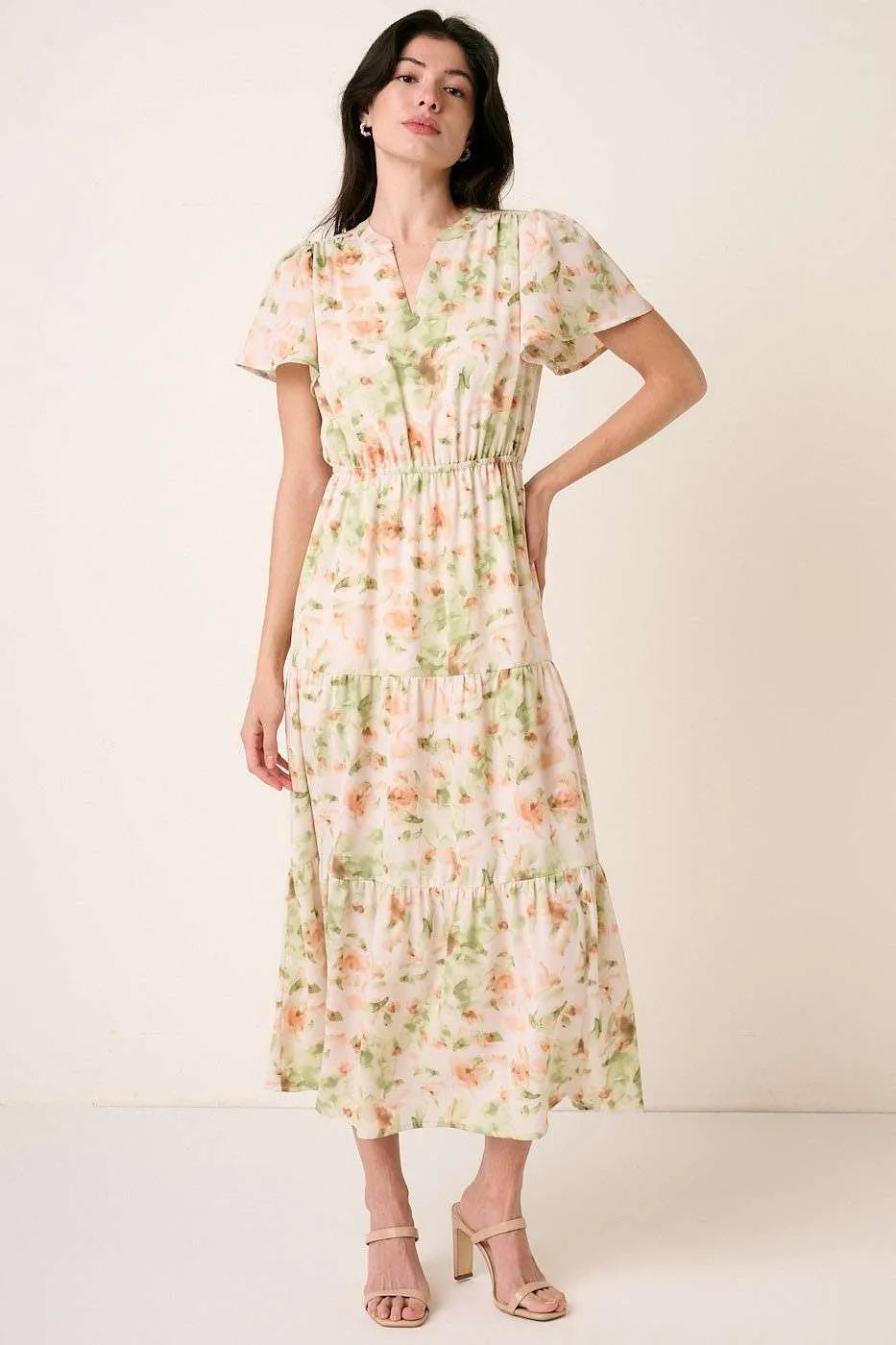 Hazel Blues® |  Mittoshop Flower Print Flutter Sleeve V Slit Maxi Dress