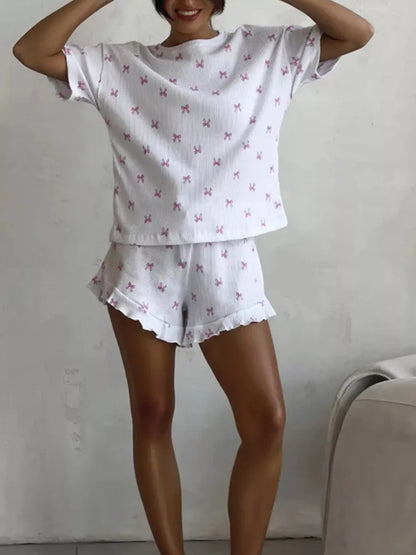 Hazel Blues® |  Ribbed Knit Bow Print Top and Shorts Lounge Set