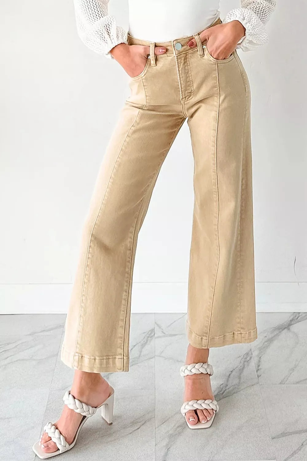 Hazel Blues® |  Solid Color Seamed Center Wide Leg Cropped Jeans