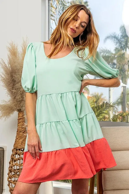 Hazel Blues® |  BiBi Two-Tone Balloon Sleeves U Neck Tiered Ruffle Hem Mini Dress