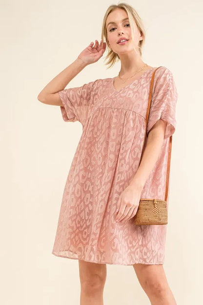 Hazel Blues® |  And The Why Woven Leopard Baby Doll Roll-Sleeve Casual Dress