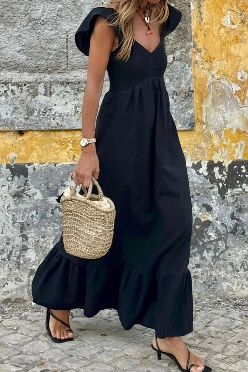 Hazel Blues® |  V Neck Ruffled Cap Sleeve Smocked Maxi Dress