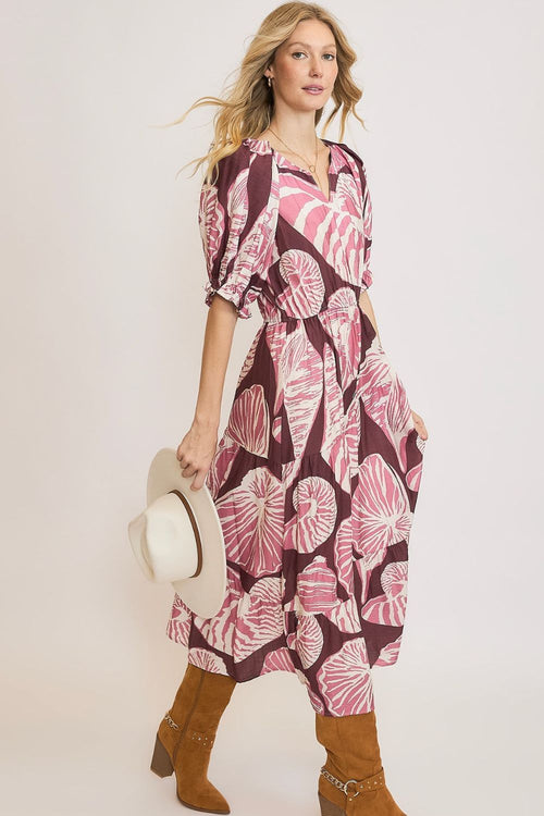 Hazel Blues® | Umgee Printed Notched Puff Sleeve Midi Dress