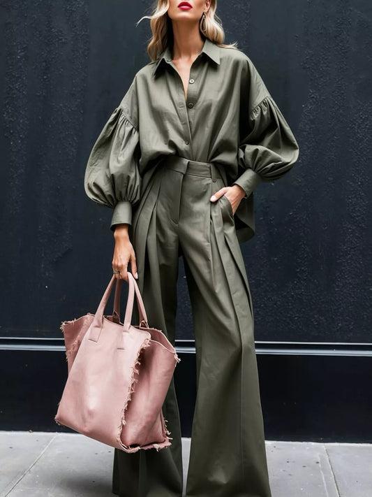 Hazel Blues® |  Lantern Sleeve Shirt and Wide Leg Pants Set