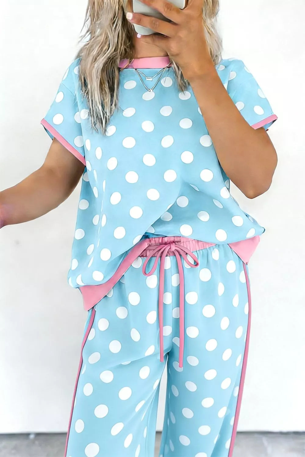 Hazel Blues® |  Polka Dot Contrast Trim Top and Pants Set