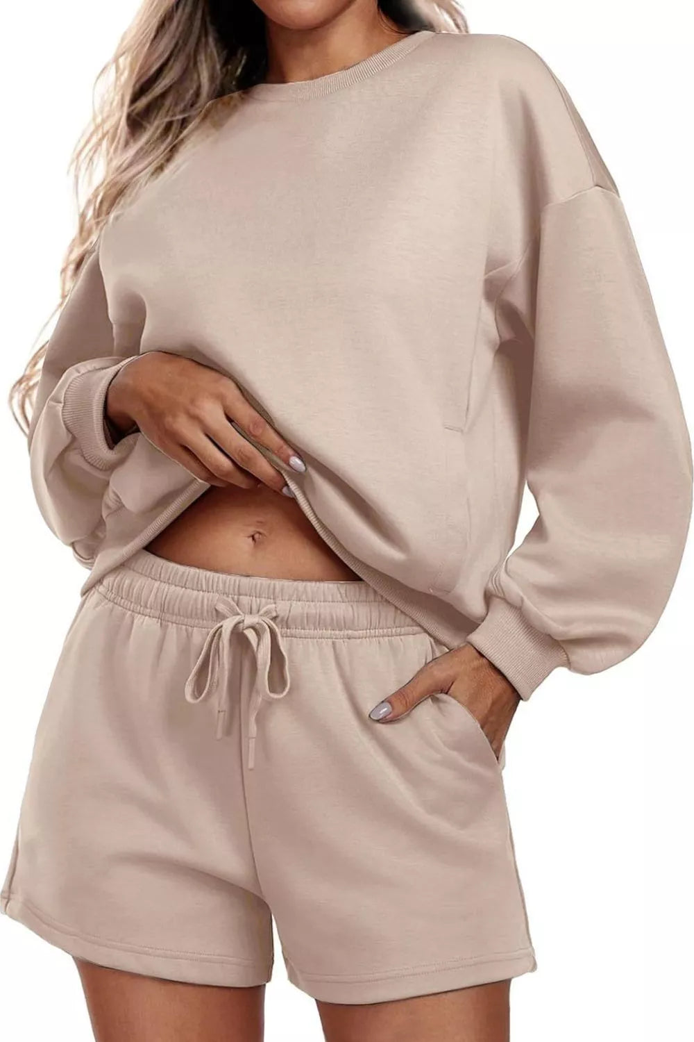 Hazel Blues® |  Round Neck Sweatshirt and Shorts Set