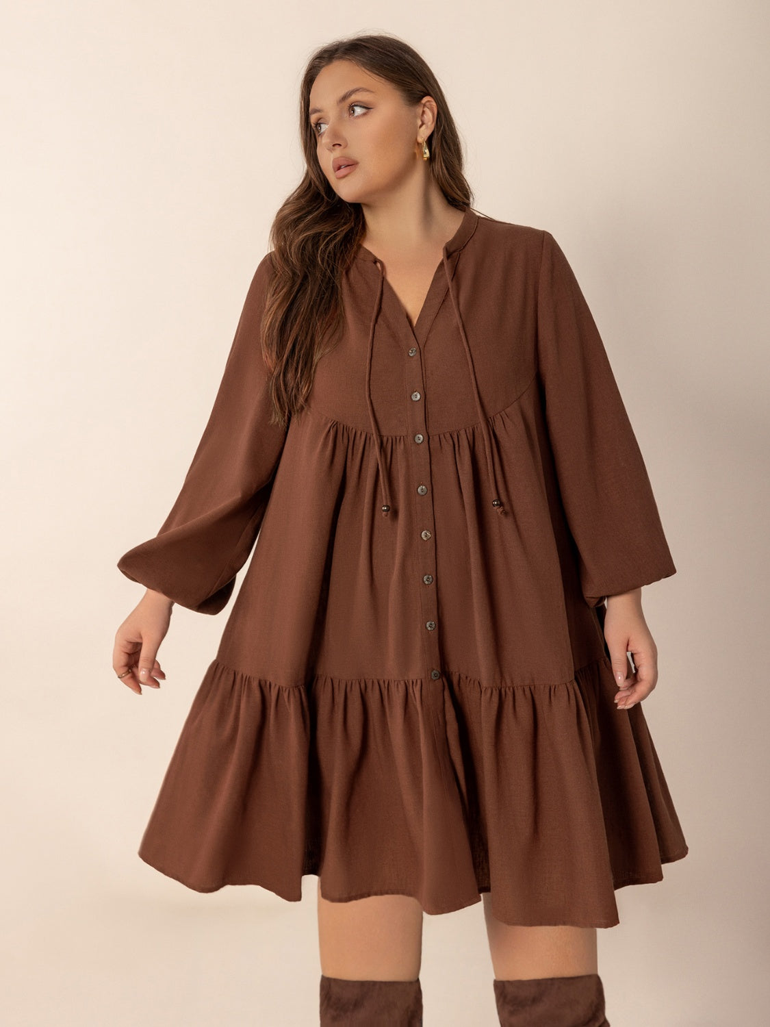Hazel Blues® | Tie Neck Balloon Sleeve Tiered Dress