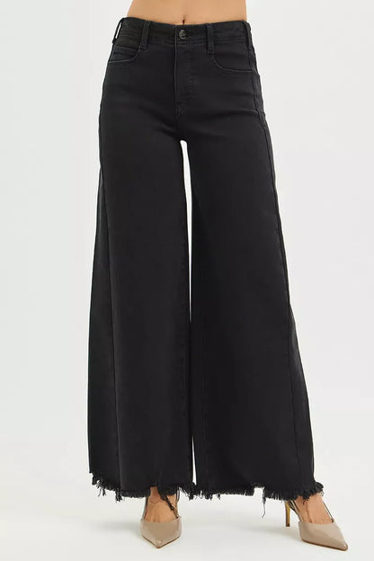 Hazel Blues® |  RISEN Tummy Control High Rise Palazzo Leg Frayed Hem Jeans