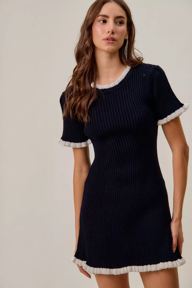 Hazel Blues® |  SO ME Contrast Ruffled Sweater Knit Mini Dress