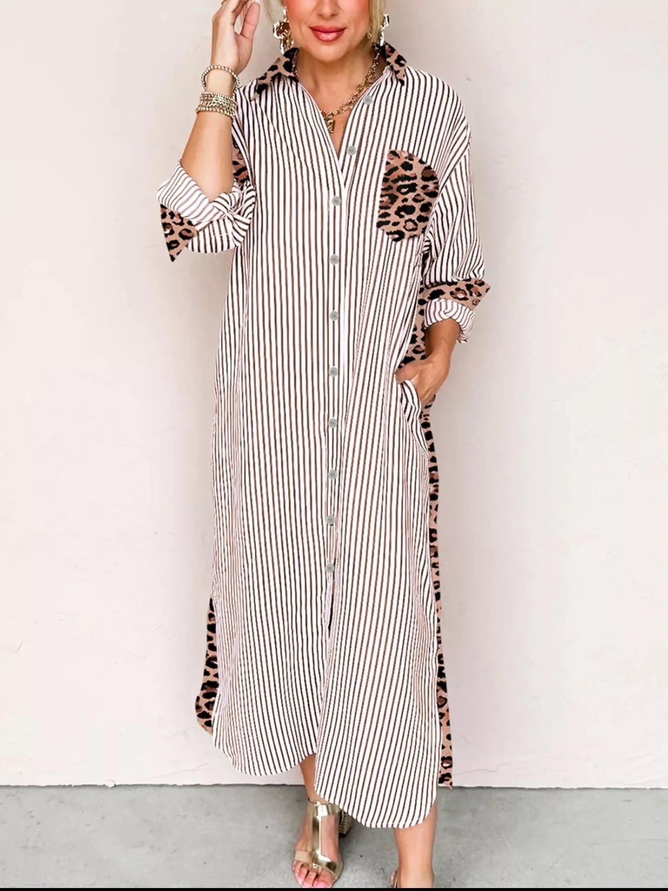 Hazel Blues® |  Striped Leopard Print Button Up Shirt Dress