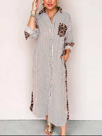 Hazel Blues® |  Striped Leopard Print Button Up Shirt Dress