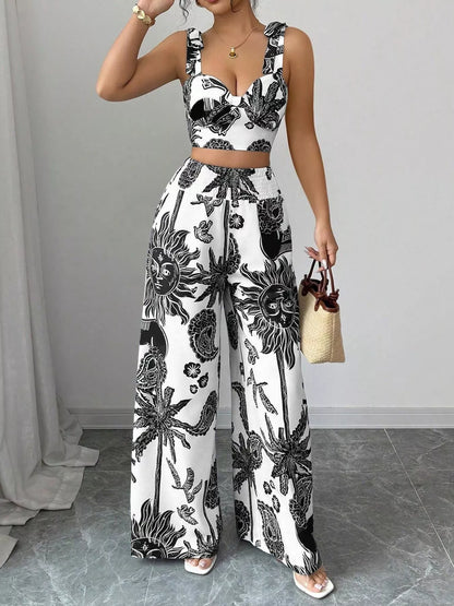 Hazel Blues® |  Floral Print Crop Top and Wide Leg Pants Set
