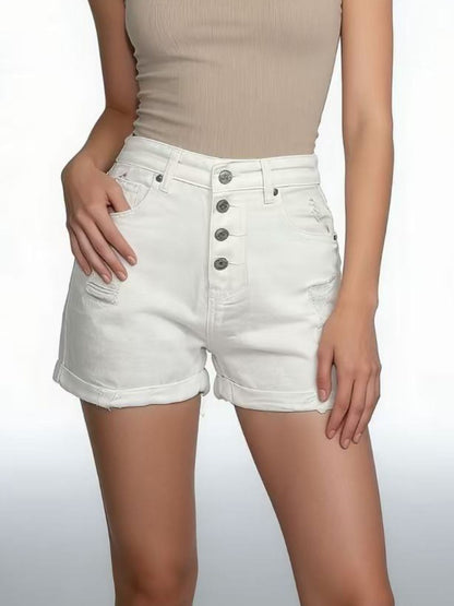 Hazel Blues® |  High-Waisted Button-Fly Distressed Denim Shorts