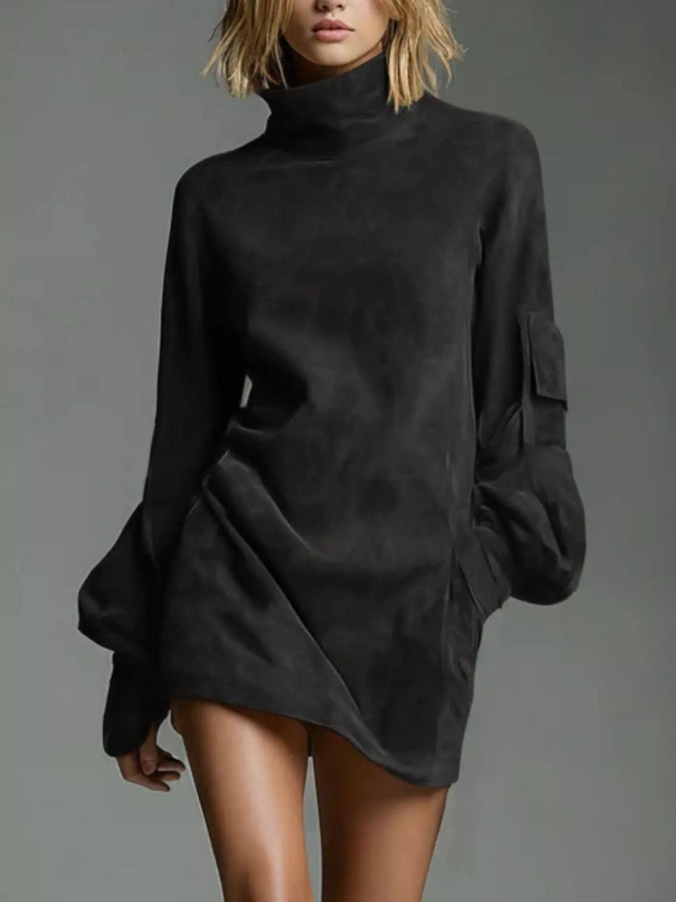 Hazel Blues® | Suede Turtleneck Lantern Sleeve Mini Dress