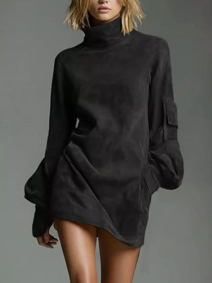 Hazel Blues® | Suede Turtleneck Lantern Sleeve Mini Dress