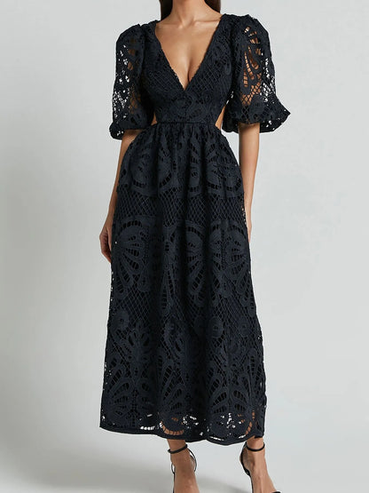 Hazel Blues® |  Cutout Back Lace Crochet V-Neck Dress