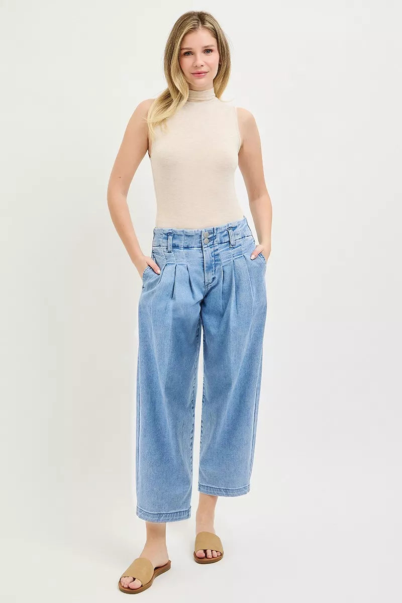 Hazel Blues® |  RISEN Slouchy Crop Barrel Pleated Jeans