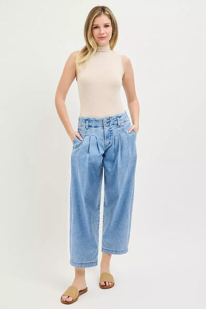Hazel Blues® |  RISEN Slouchy Crop Barrel Pleated Jeans