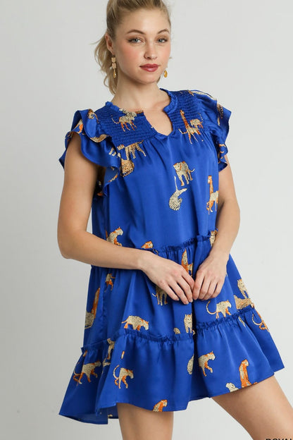 Hazel Blues® | Umgee Cheetah Print Notched Ruffle Layered Cap Sleeve Mini Dress