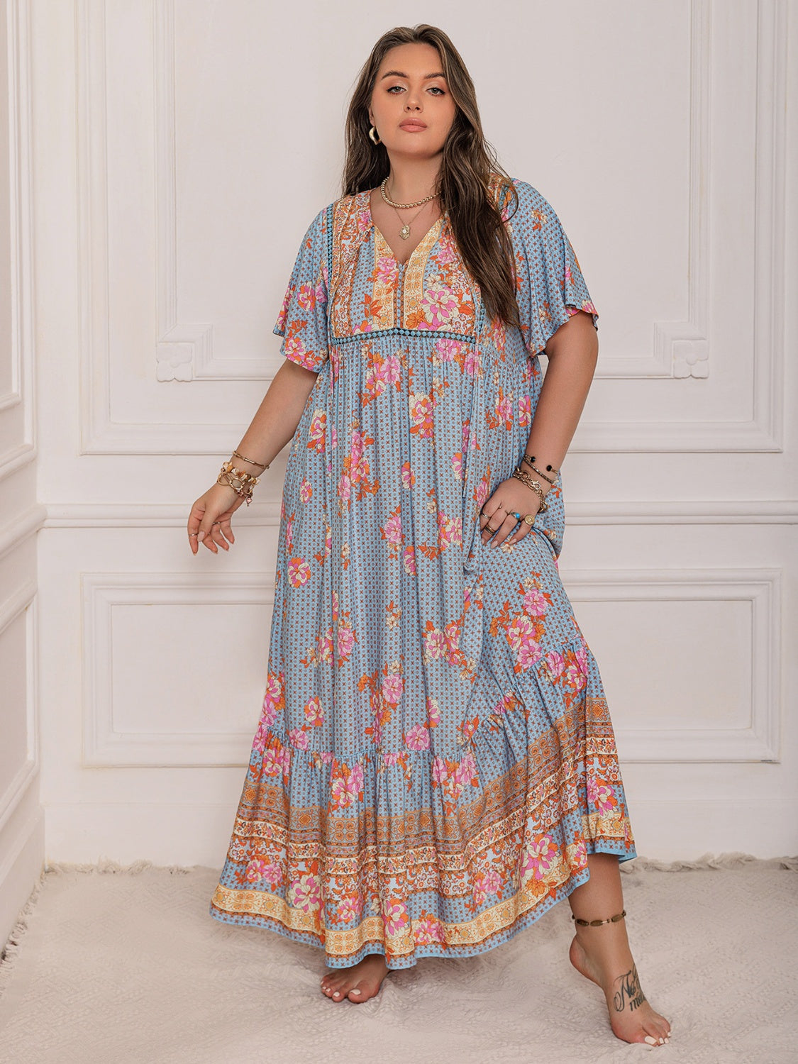 Hazel Blues® | Printed Tie Neck Flutter Sleeve Maxi Dress