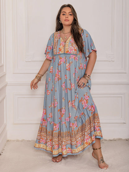 Hazel Blues® | Printed Tie Neck Flutter Sleeve Maxi Dress