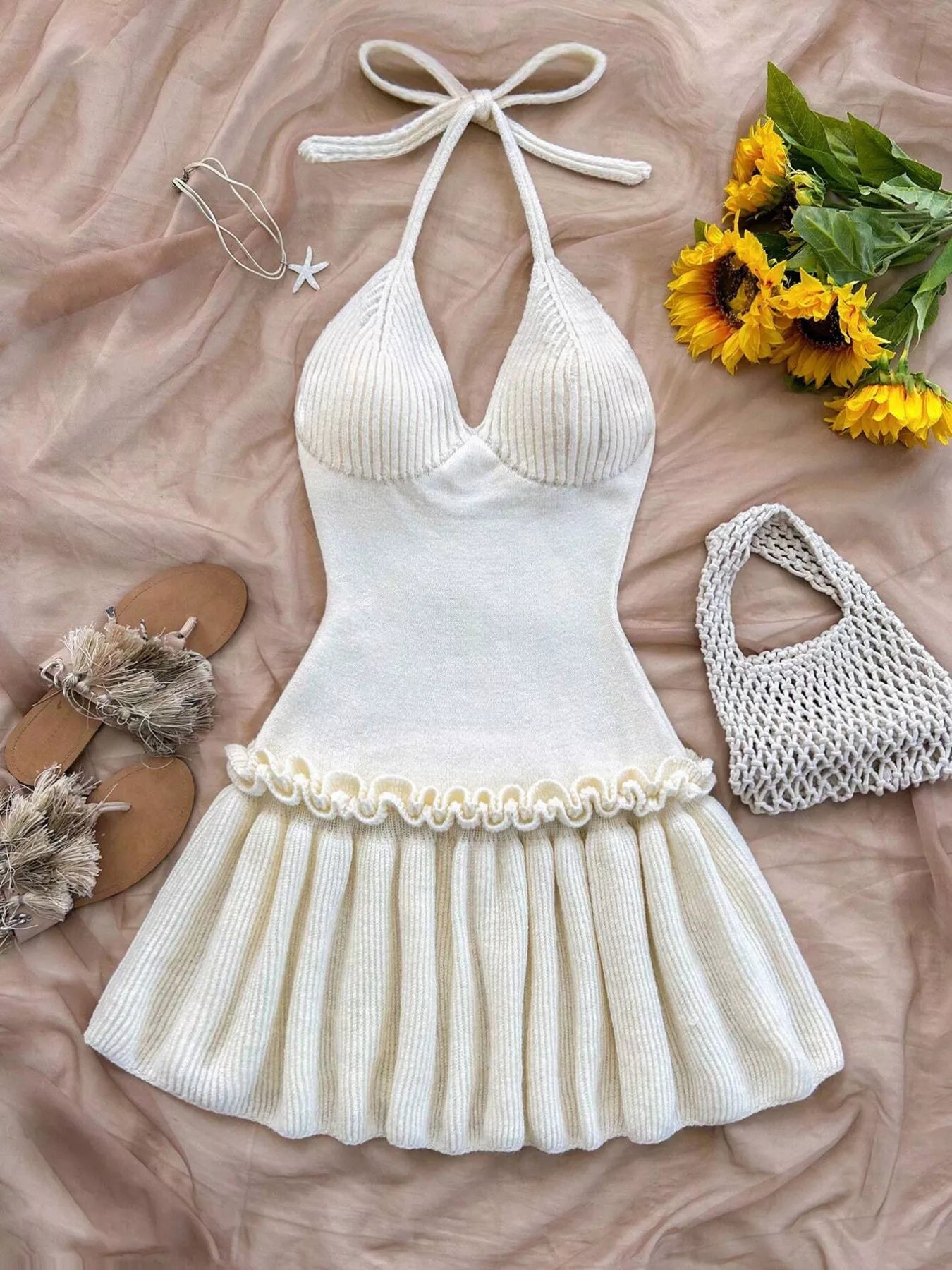 Hazel Blues® |  Halter Neck Ruffle Hem Knit Sweater Dress